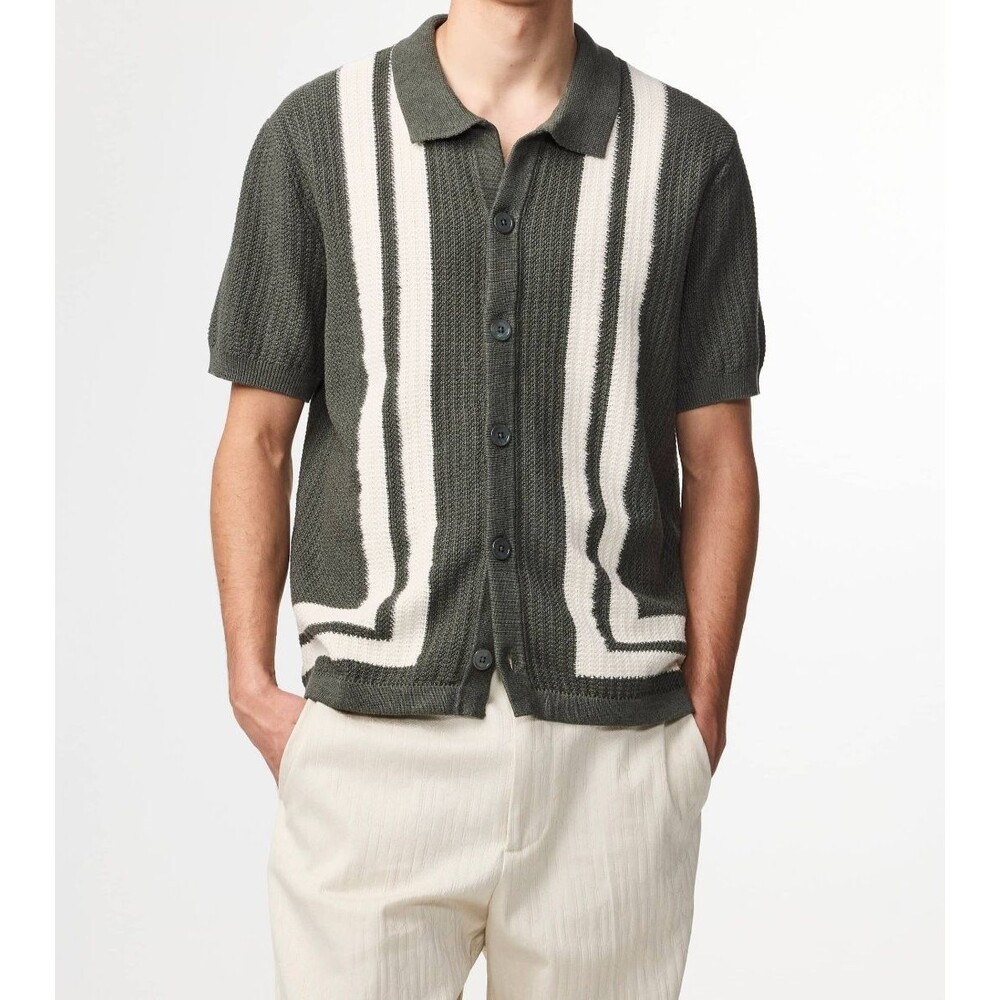 NN07 Polo Shirt Mens Medium Green Stripe Organic Cotton Knit Button Up ARES $285